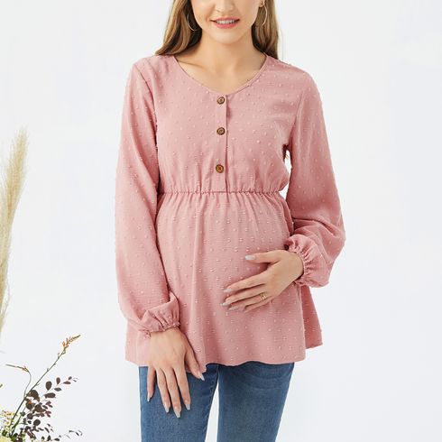 Nursing Swiss Dot Button Half Placket Long-sleeve Top