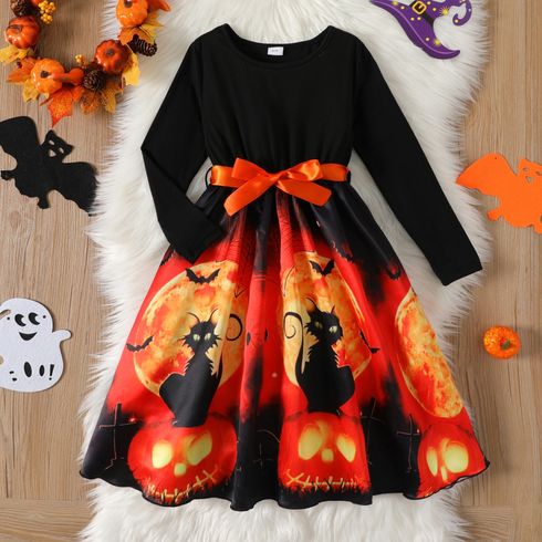 Kid Girl Halloween Graphic Print Splice Belted Long-sleeve Dress
