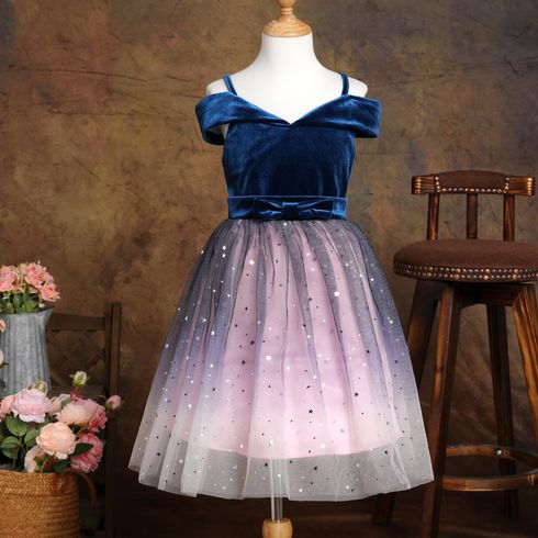 Kid Girl Princess Velvet Mesh Splice Star Glitter Design Off Shoulder Party Strap Dress