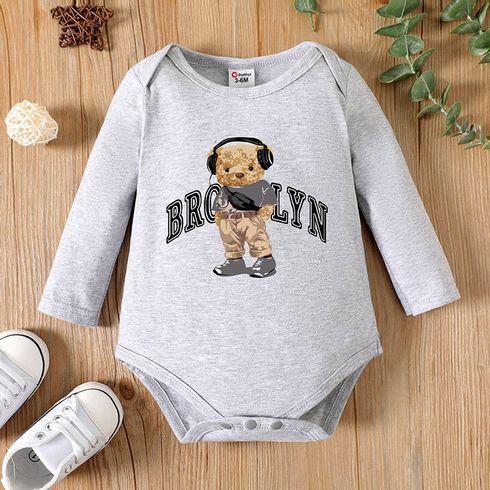 Baby Boy 95% Cotton Long-sleeve Bear & Letter Print Grey Romper