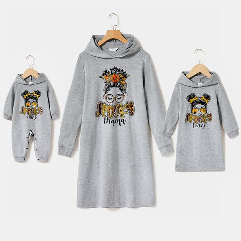 Figure & Letter Print Grey Long-sleeve Hoodie Dress for Mom and Me