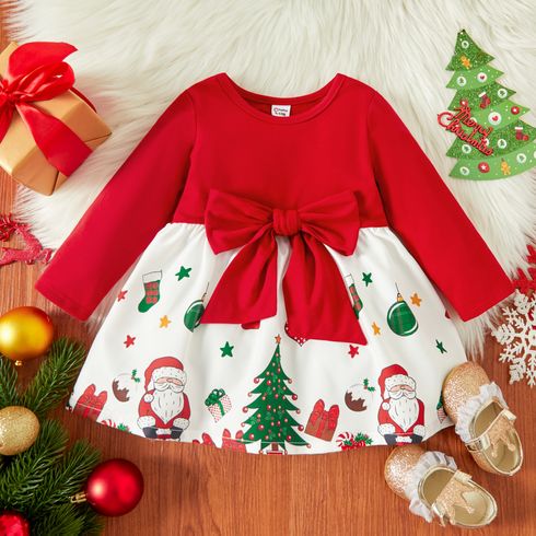Christmas Baby Girl Bow Front Solid Long-sleeve Spliced Print Dress