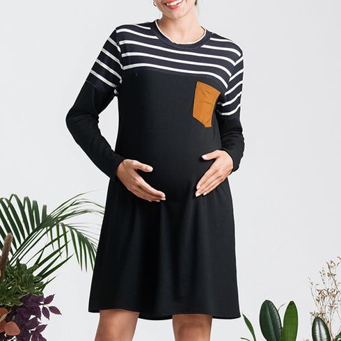 Nursing Striped Colorblock Pocket Patched Long-sleeve Tunic Dress