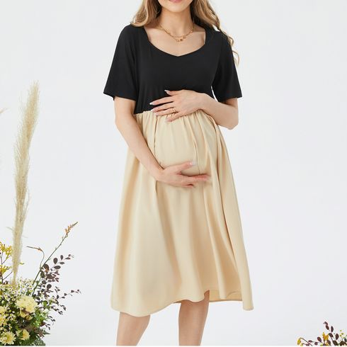 孕婦短袖連衣裙 戶外 甜美 拼接 純色 布料拼接 針織+平織 撞色拼接 半截裙
