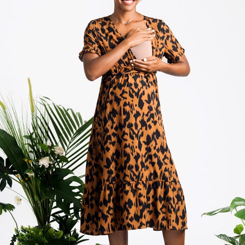 Nursing Leopard Print Short-sleeve Belted Dress Brown big image 4