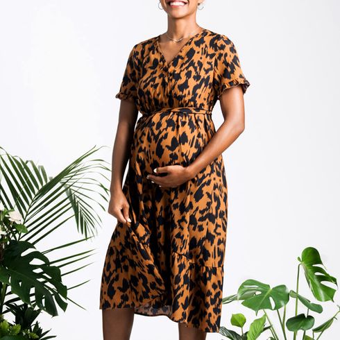 Nursing Leopard Print Short-sleeve Belted Dress Brown big image 2