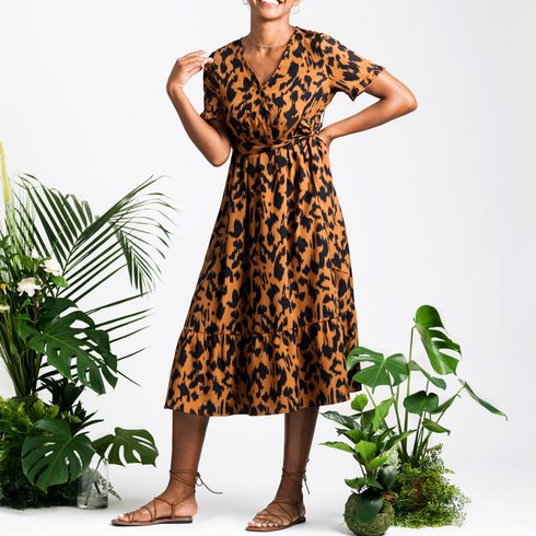 Nursing Leopard Print Short-sleeve Belted Dress Brown big image 6
