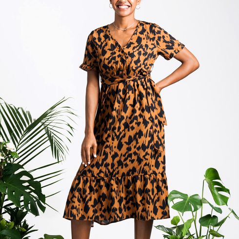 Nursing Leopard Print Short-sleeve Belted Dress Brown big image 1