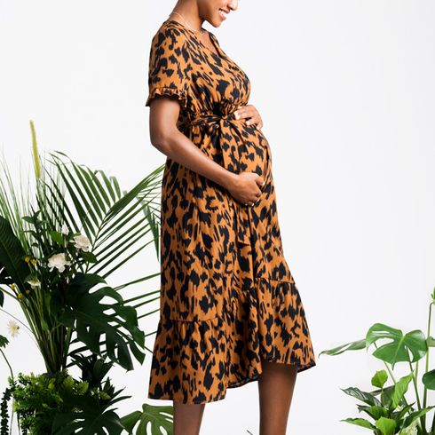 Nursing Leopard Print Short-sleeve Belted Dress Brown big image 3