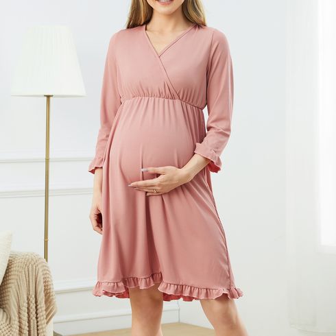 Nursing Ruffle Trim Pink Long-sleeve Nightdress Pajamas