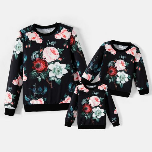 Allover Floral Print Black Long-sleeve Pullover Sweatshirts for Mom and Me