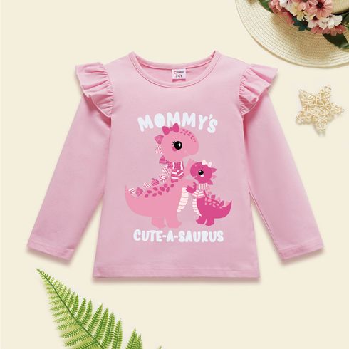 Toddler Girl Letter Animal Dinosaur Print Cotton Ruffled Light Pink Long-sleeve Tee