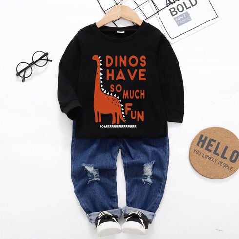 2pcs Toddler Boy Letter Animal Dinosaur Print Black Sweatshirt and Pretty Ripped Denim Jeans Set