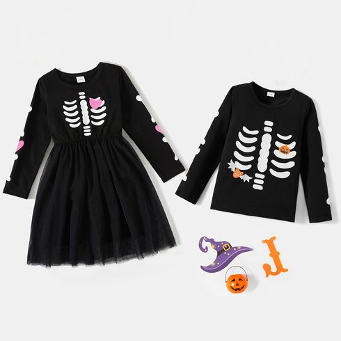 Halloween Skeleton Print Black Sibling Matching Long-sleeve Set