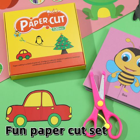 120Pcs Kids Fun Paper-Cut Set with Plastic Scissors Origami Paper Art Training Scissors Crafts Kits