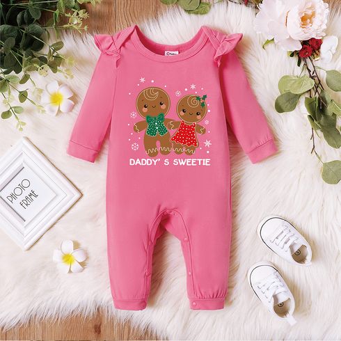 Baby Girl 95% Cotton Ruffle Long-sleeve Graphic Pink Jumpsuit