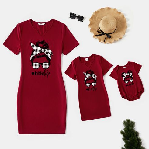 Mommy and Me Figure & Letter Print Notch Neck Short-sleeve Matching Bodycon T-shirt Dresses