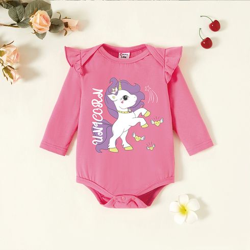 Baby Girl 95% Cotton Ruffle Long-sleeve Unicorn & Letter Print Romper