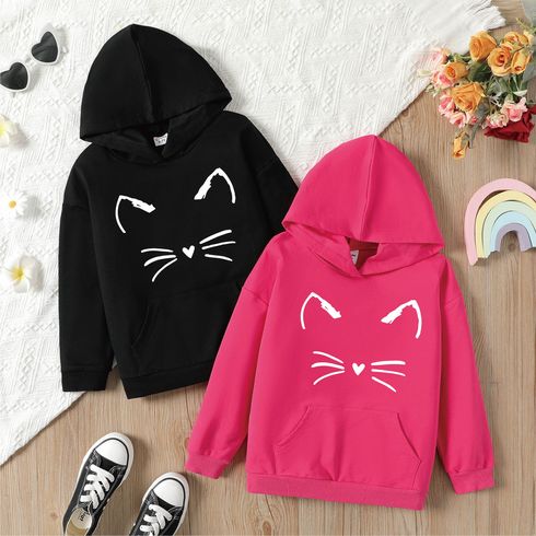 Kid Girl Cat Print Pocket Design Drop Shoulder Hoodie Sweatshirt