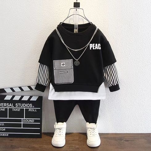 2pcs Kid Boy Faux-two Letter Print Striped Sweatshirt and Black Pants Set