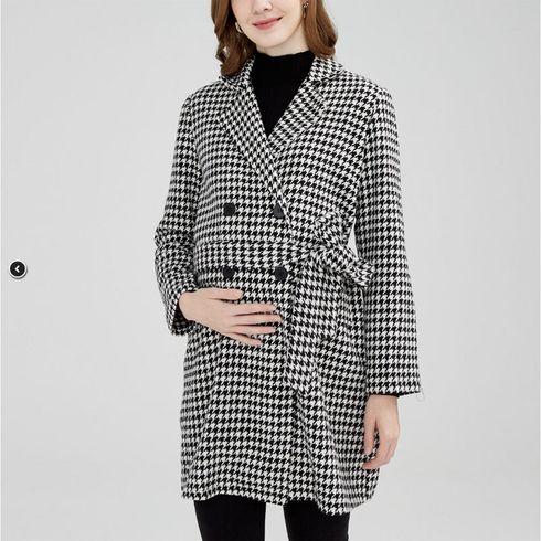 Maternity Houndstooth Print Button Belted Coat