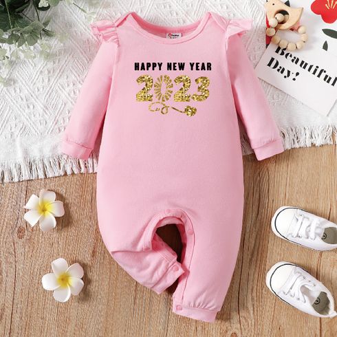 New Year Baby Girl 95% Cotton Ruffle Long-sleeve Letter Print Light Pink Jumpsuit