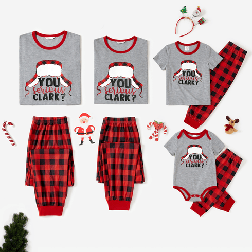 Christmas Family Matching Short-sleeve Hat & Letter Print Red Plaid Pajamas Sets (Flame Resistant)