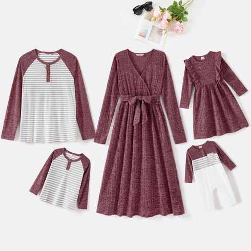 Family Matching Solid Rib Knit Surplice Neck Belted Long-sleeve Midi Dresses and Button Front Raglan-sleeve Striped Tops Set