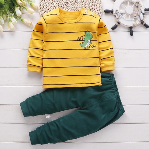 Toddler 2pcs Dinosaur Print Striped Long-sleeve Top and Solid Pants Home Set