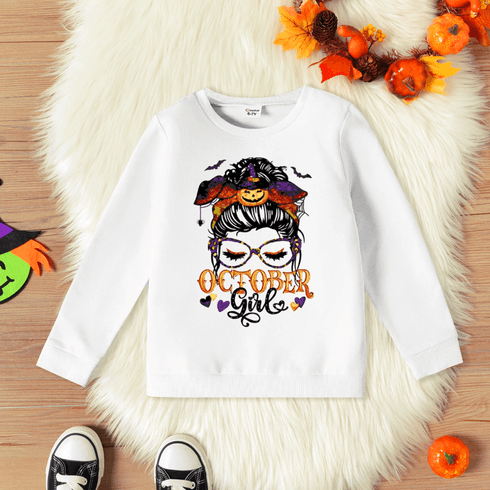 Kid Girl Character Print/Solid Color Cotton Pullover Sweatshirt