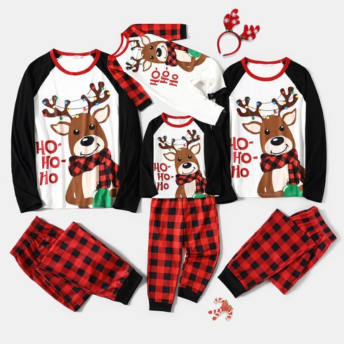 Christmas Family Matching Reindeer & Letter Print Ragaln-sleeve Red Plaid Pajamas Sets (Flame Resistant)