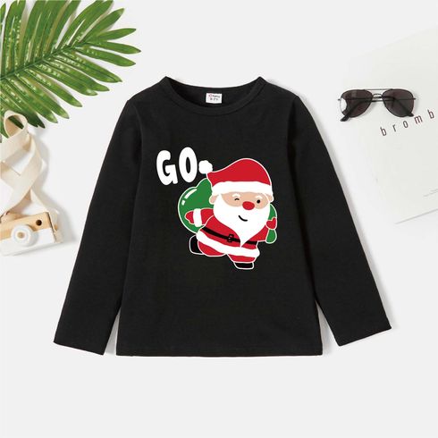 Kid Boy/Kid Girl Christmas Santa Print Black Cotton Pullover Sweatshirt