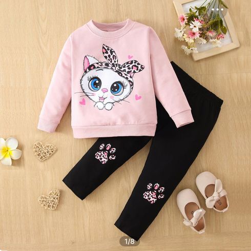 2pcs Kid Girl Cat Kitty Print Pink Sweatshirt and Paw Print Leggings Set