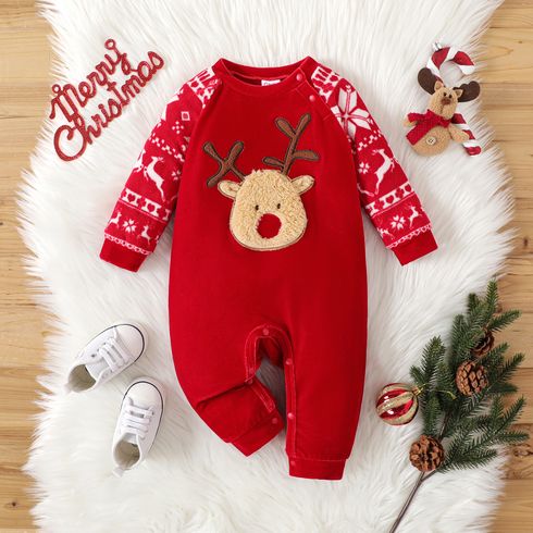 Christmas Baby Boy/Girl Deer Graphic Velvet Spliced Fleece Raglan-sleeve Jumpsuit