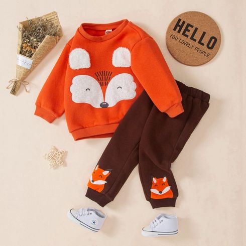 Baby 2pcs Fox Applique and Embroidery Long-sleeve Pullover Top and Pants Set