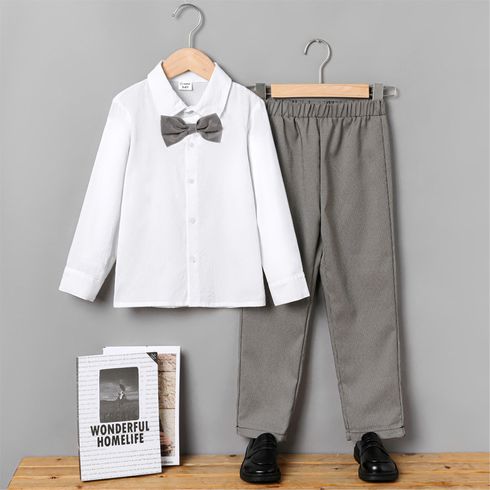 2pcs Kid Boy Lapel Collar Bow tie Design White Shirt and Houndstooth Pants Party Set