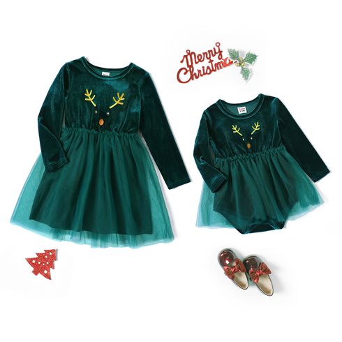 Christmas Sibling Matching Deer Embroidered Green Velvet Long-sleeve Spliced Mesh Dresses