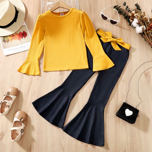 2pcs Kid Girl Long Bell sleeves Tee and Belted Denim Flared Jeans Set