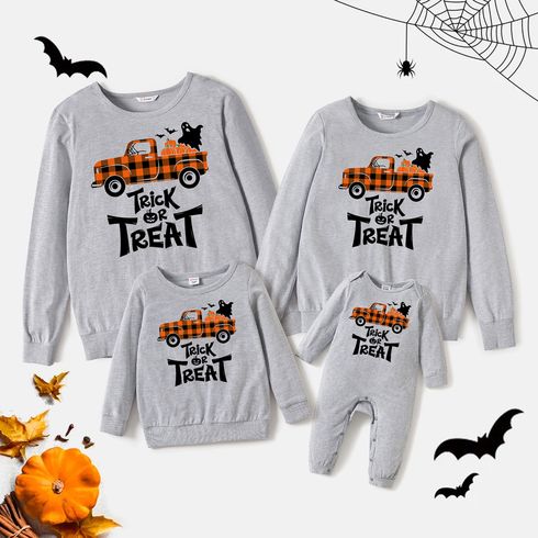 Halloween Plaid Car & Letter Print Grey Family Matching 100% Cotton Long-sleeve Sweatshirts