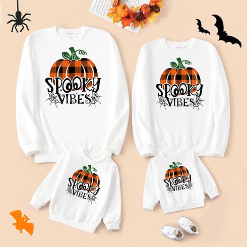 Halloween Plaid Pumpkin & Letter Print White Family Matching Long-sleeve Sweatshirts