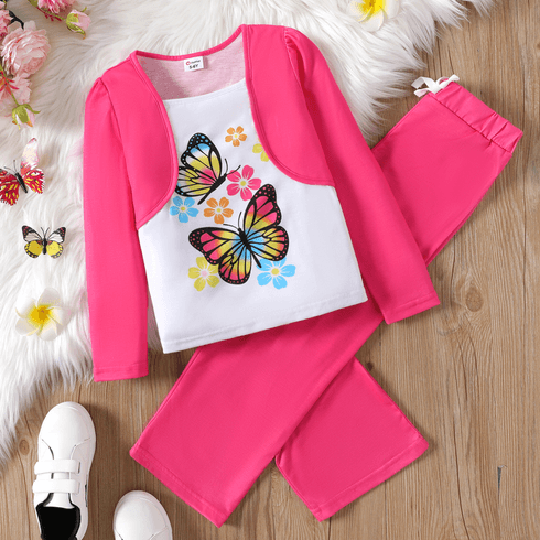 2pcs Kid Girl Faux-two Butterfly Print Long-sleeve Tee and Straight Pink Pants Set