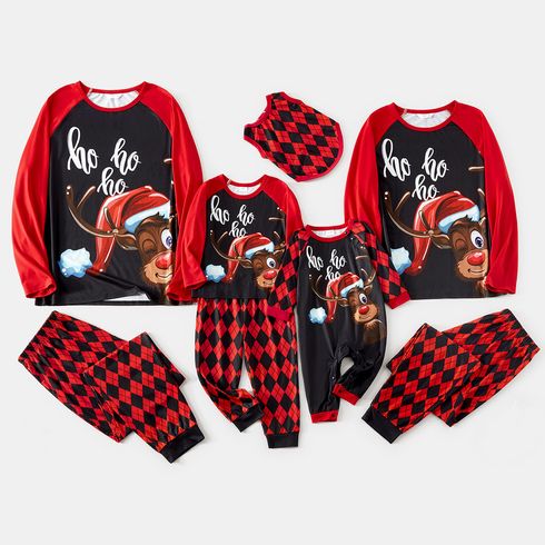 Christmas Family Matching Reindeer & Letter Print Red Raglan-sleeve Argyle Pattern Pajamas Sets (Flame Resistant)