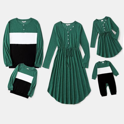 Family Matching Green Long-sleeve Drawstring Dresses and Colorblock T-shirts Sets