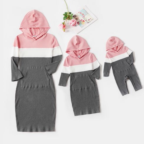Mommy and Me Colorblock Knitted 3/4 Sleeve Hooded Bodycon Dress