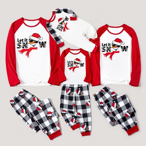 Christmas Family Matching Snowman & Letter Print Red Raglan-sleeve Plaid Pajamas Sets (Flame Resistant)