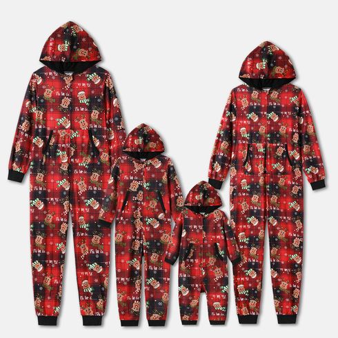 Christmas Family Matching Allover Deer & Letter Print Plaid Long-sleeve Zipper Hooded Onesies Pajamas (Flame Resistant)