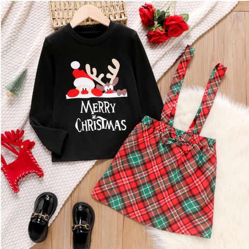 2pcs Kid Girl Christmas Long-sleeve Black Tee and Plaid Suspender Skirt Set