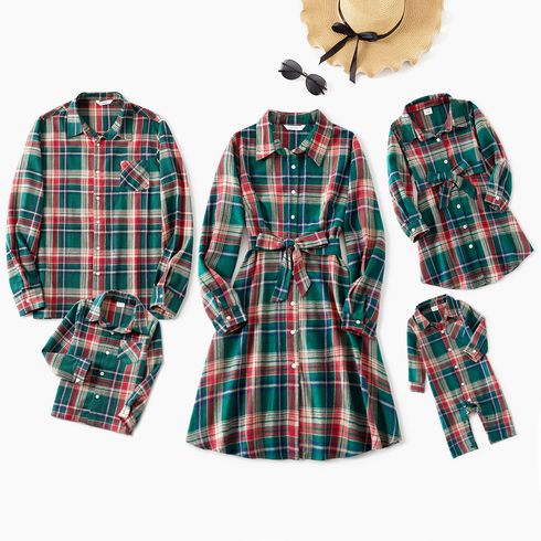 Christmas Green Plaid Family Matching Button Up Shirts and Belted Dresses Sets