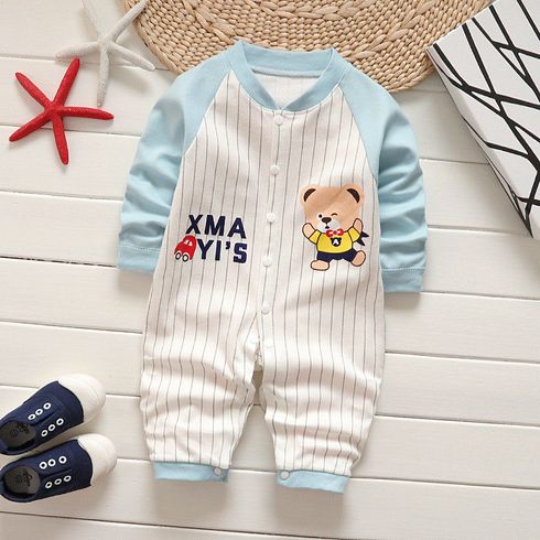Baby Striped Bear and Letter Print Long-sleeve Jumpsuit