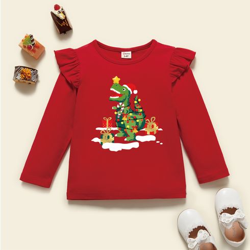 Toddler Girl Christmas Dinosaur Print Cotton Red Long-sleeve Tee